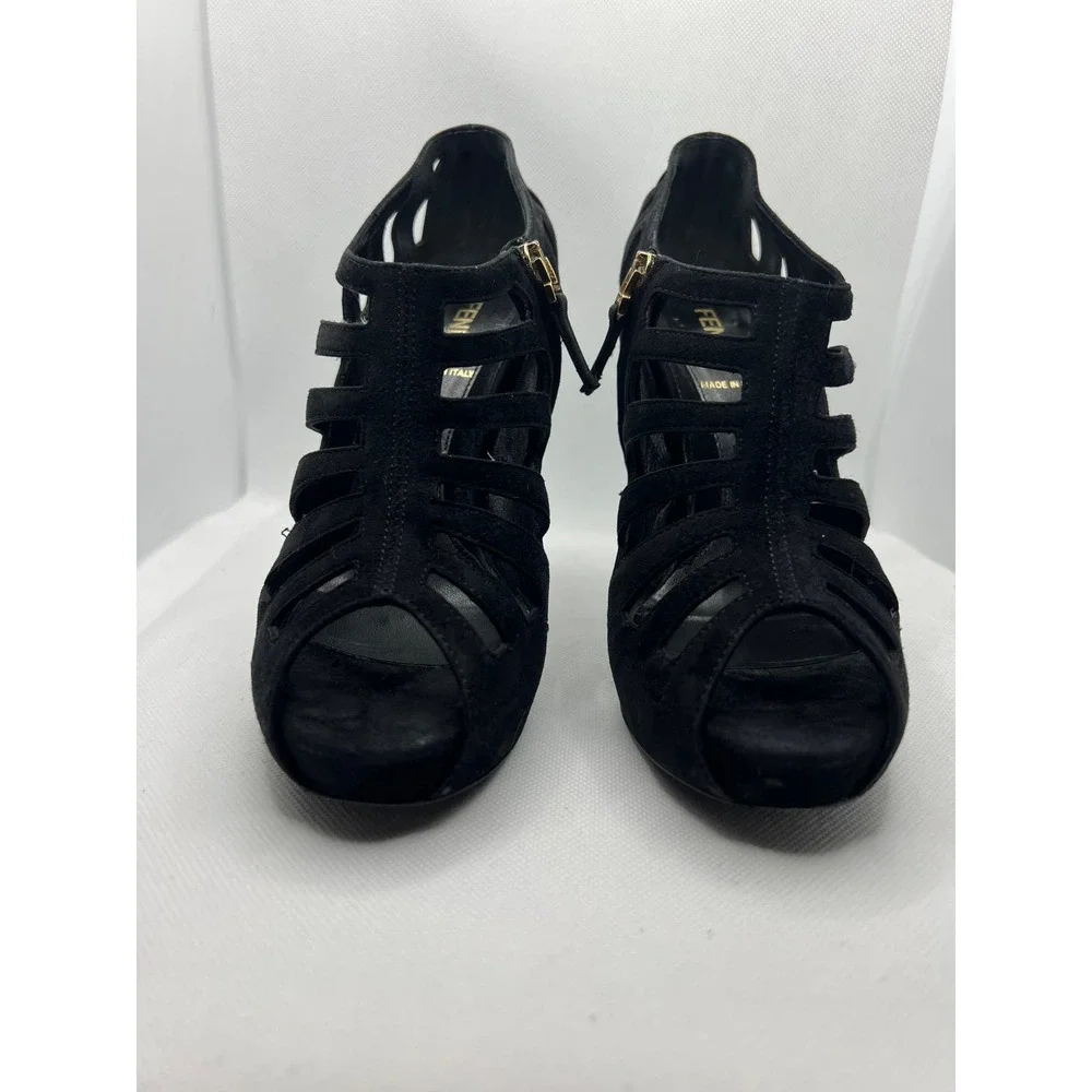 - Fendi Suede Goth Heels Sandals Black Booties W/Gold‎ Accents Dark Academia